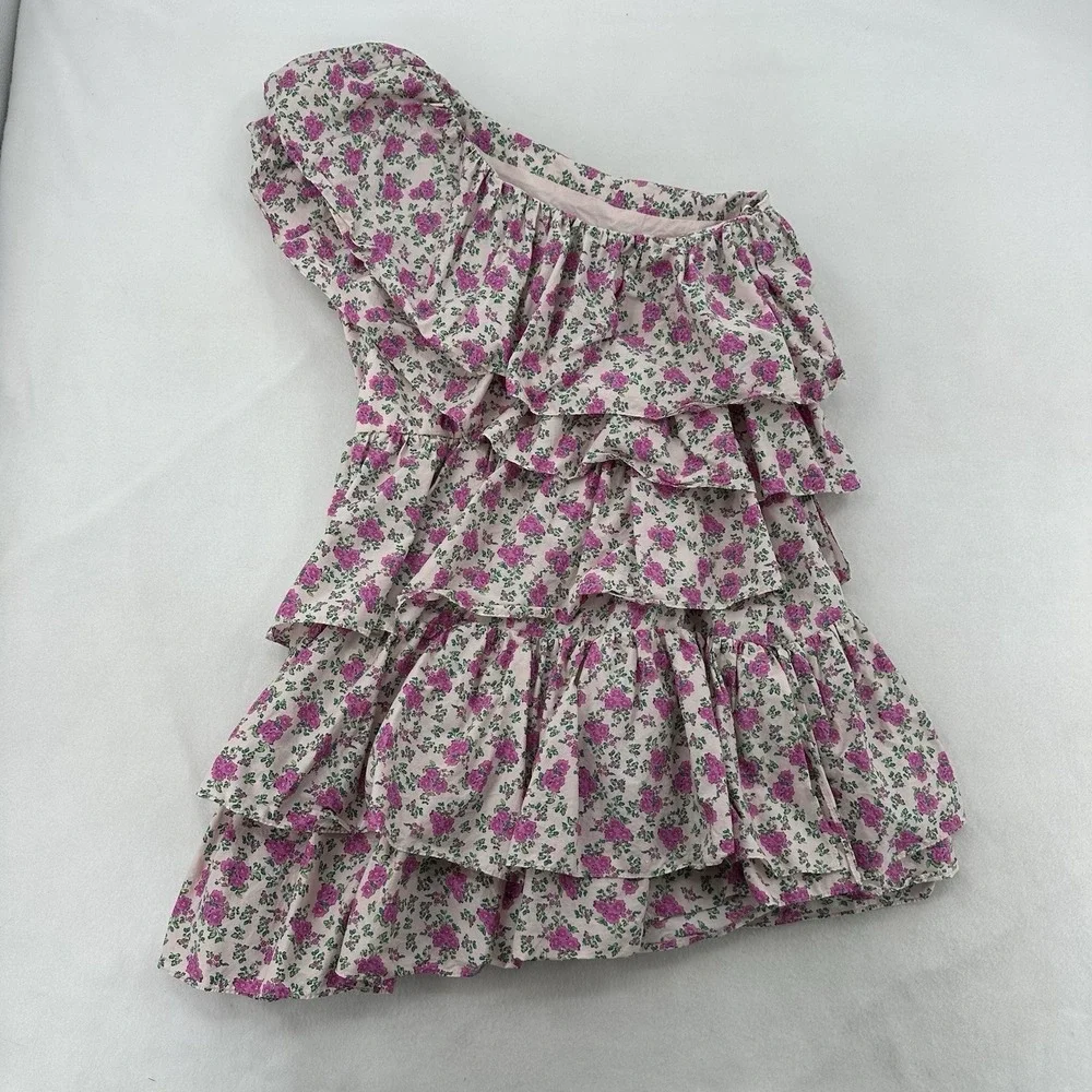 VICI x Gina Floral One Shoulder Ruffle Mini Dress Pink Green XL HN1090D Summer - Picture 2 of 8